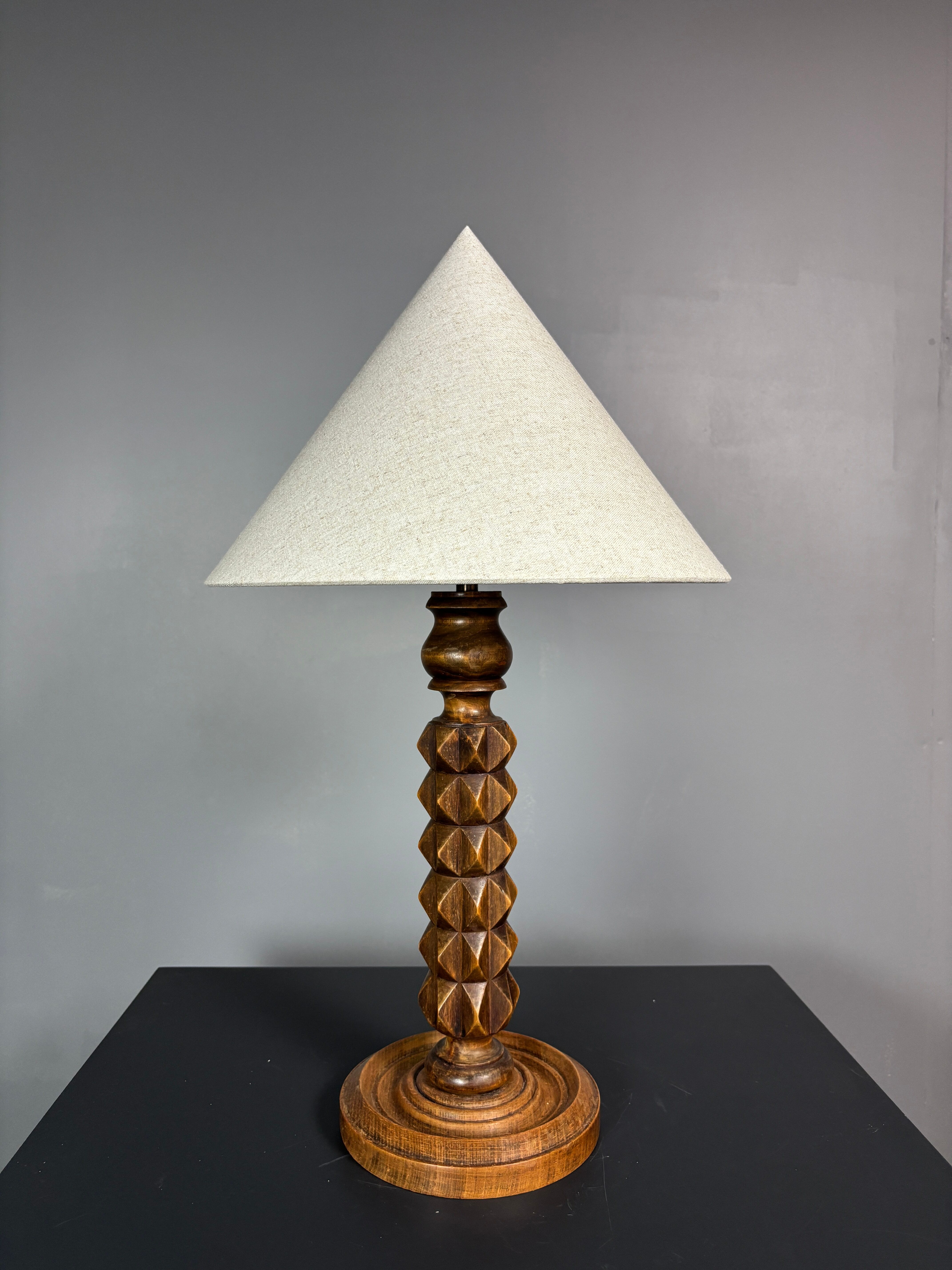 Brutalist Wood Turned Table Lamp in the style of Charles Dudouyt, 1950s