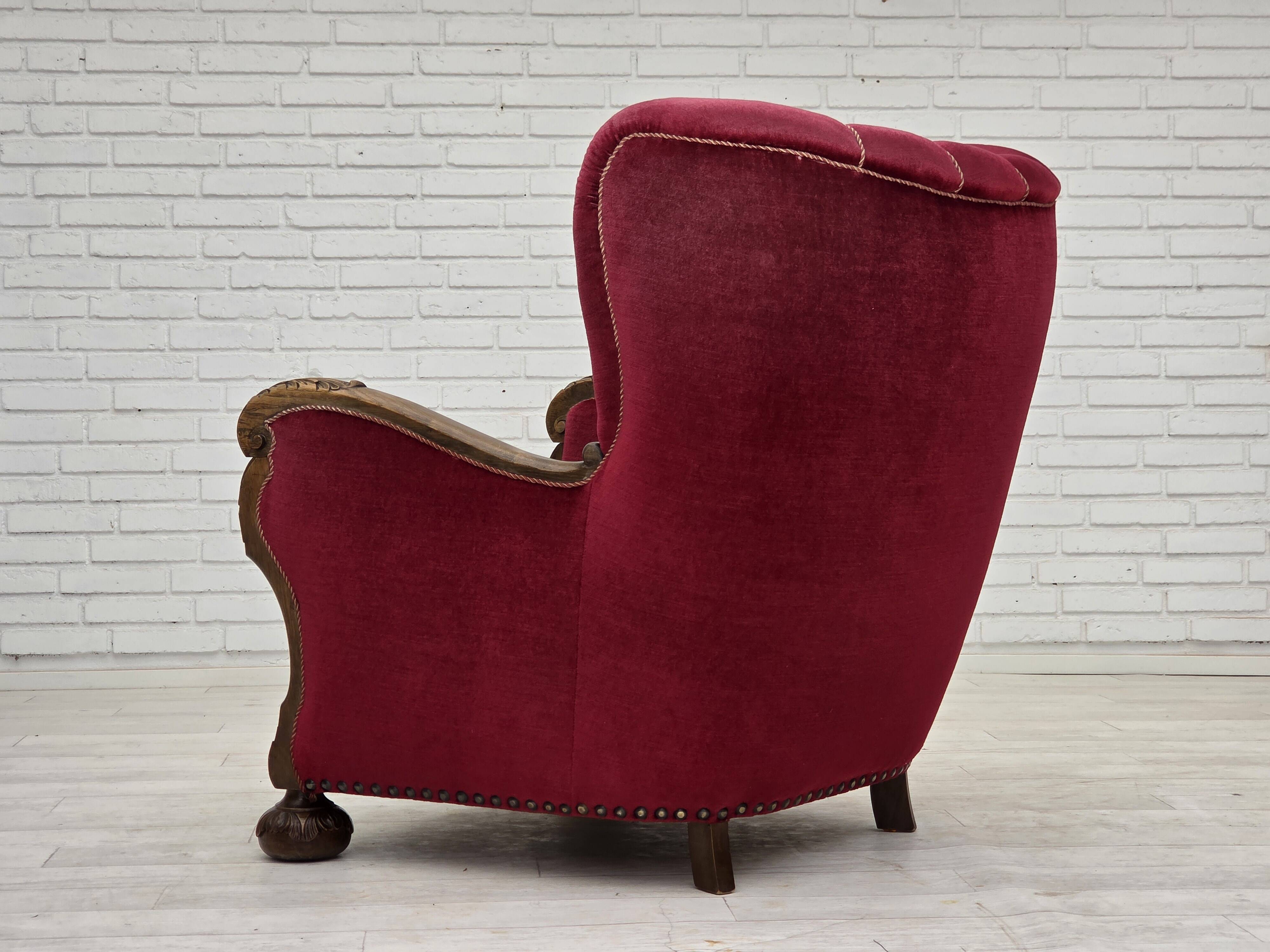1960s, Danish relax chair, cherry-red furniture velour, oak wood.