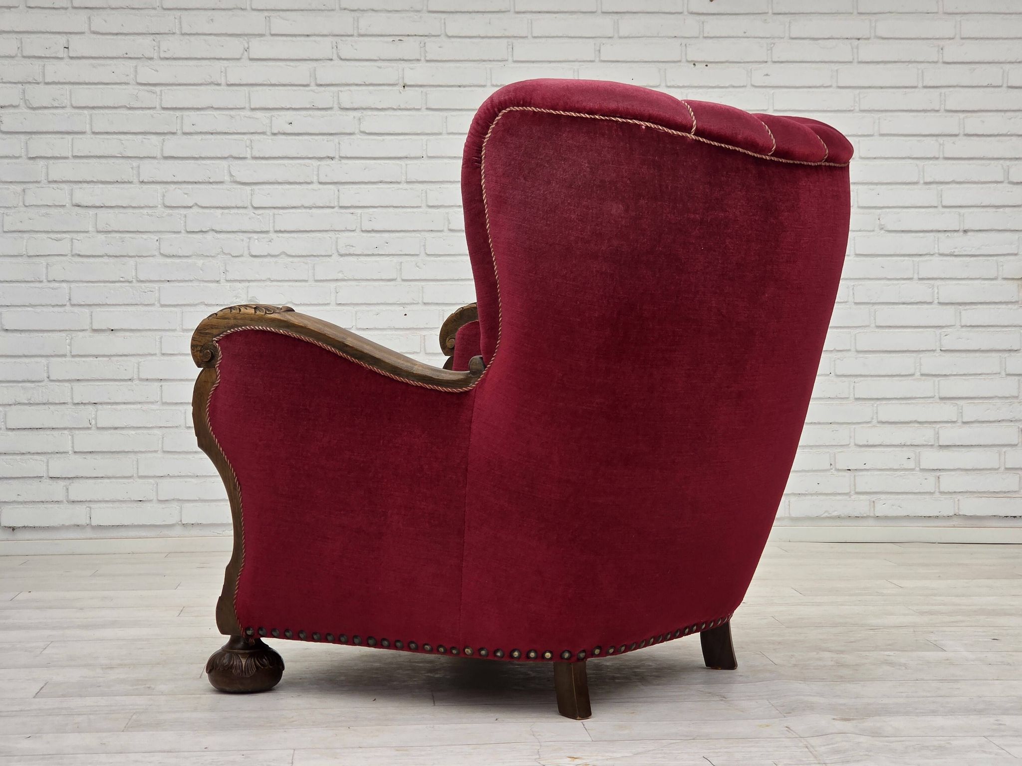 1960s, Danish relax chair, cherry-red furniture velour, oak wood.