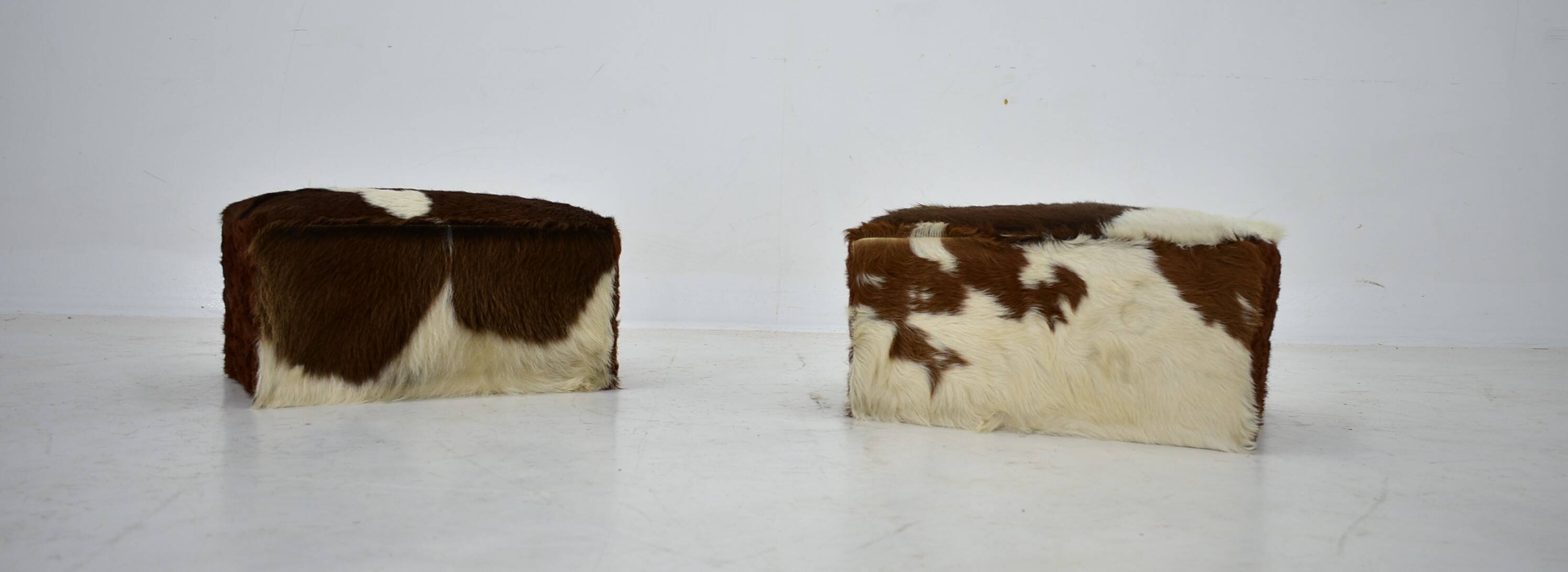 red brown leather cowhide footstools , poufs, 80s