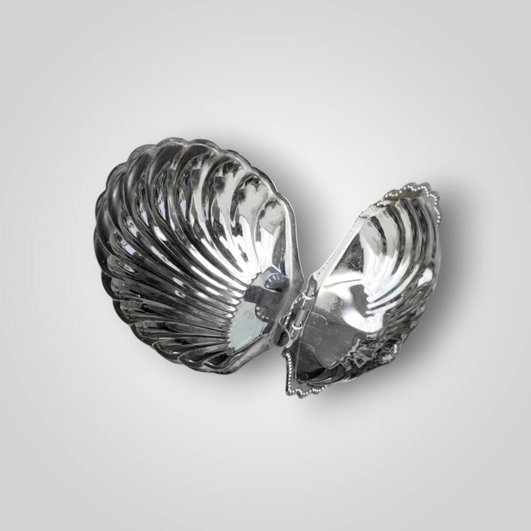 Vintage shell butter dish in stainless steel and cobalt blue glass