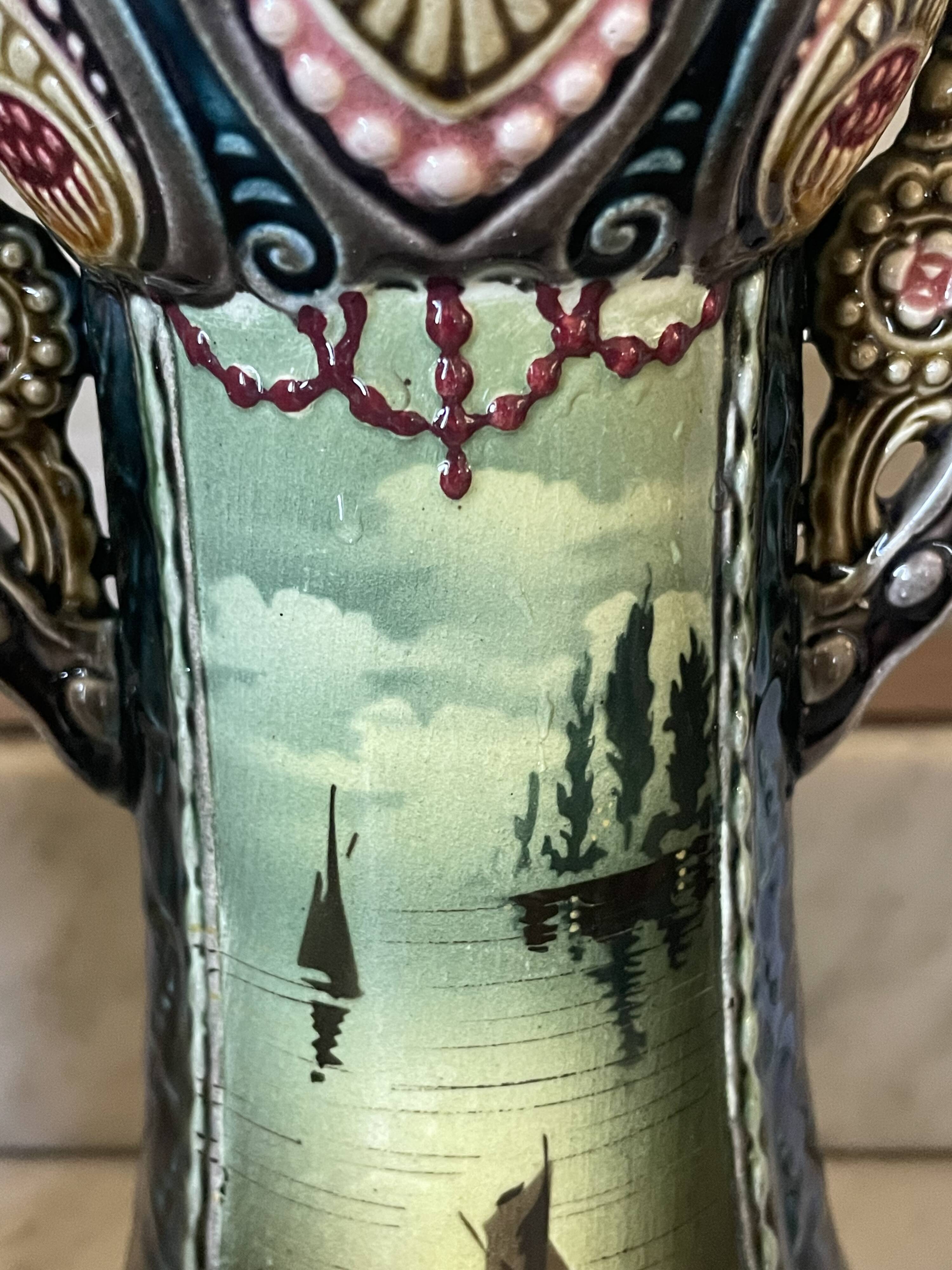 Pair of Art Nouveau slipware vases, hand-painted decoration.