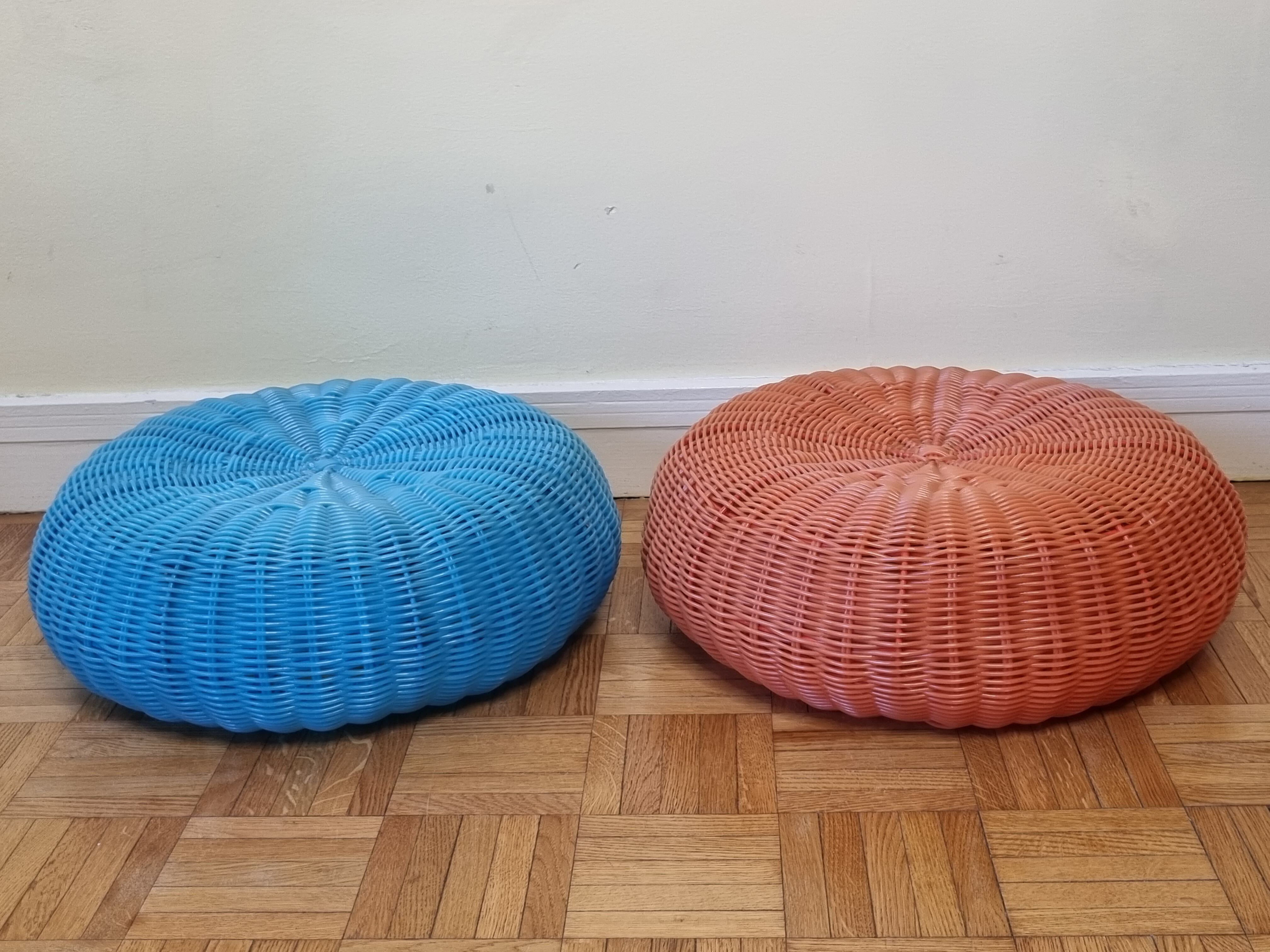 Pair of vintage blue and orange Ikea poufs, 80s