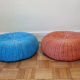 Pair of vintage blue and orange Ikea poufs, 80s