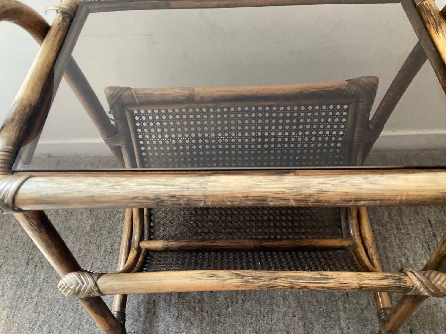 Vintage rattan side table with magazine holder