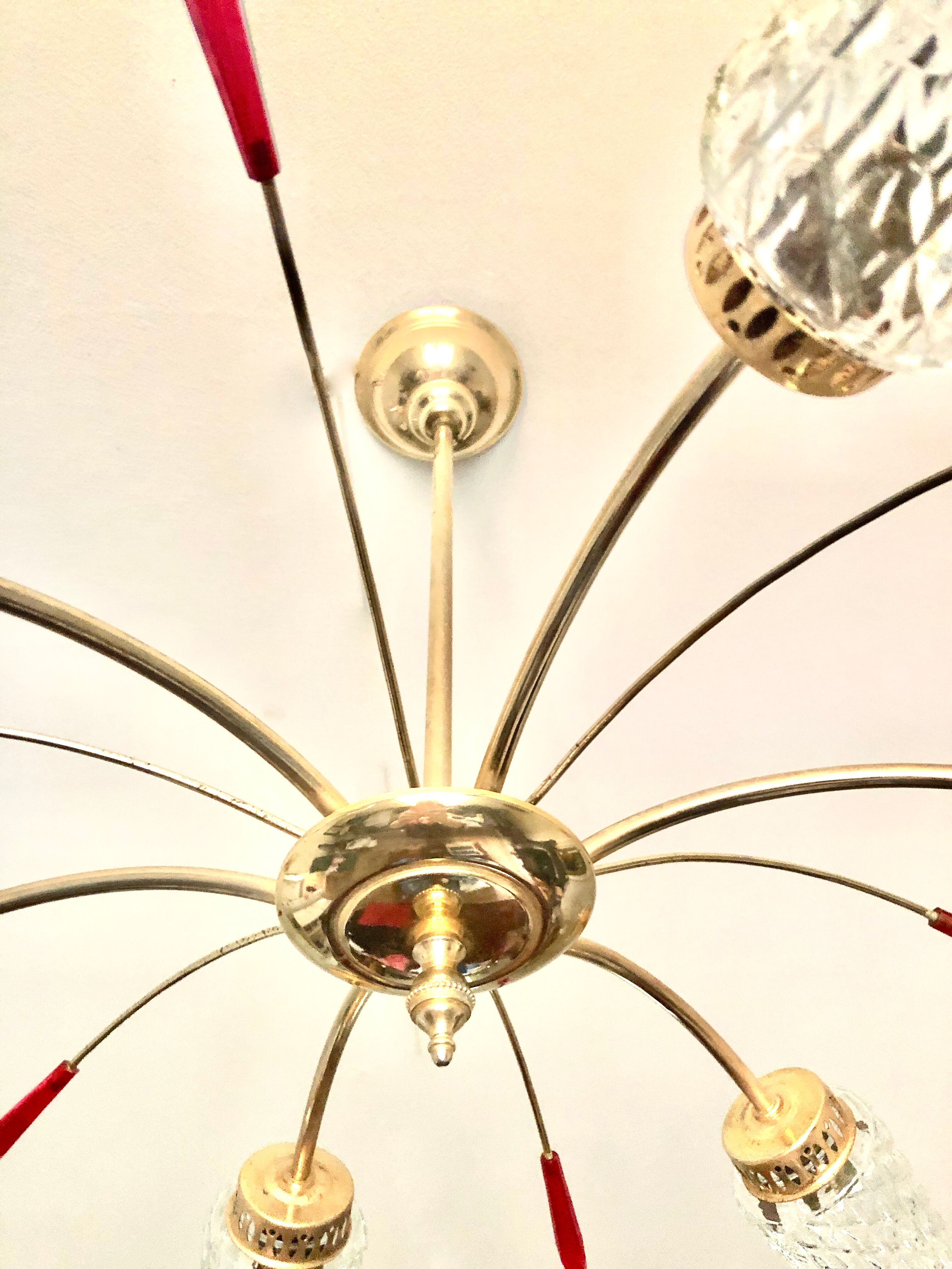 Golden brass chandelier 6 tulips red diamond tips 1950