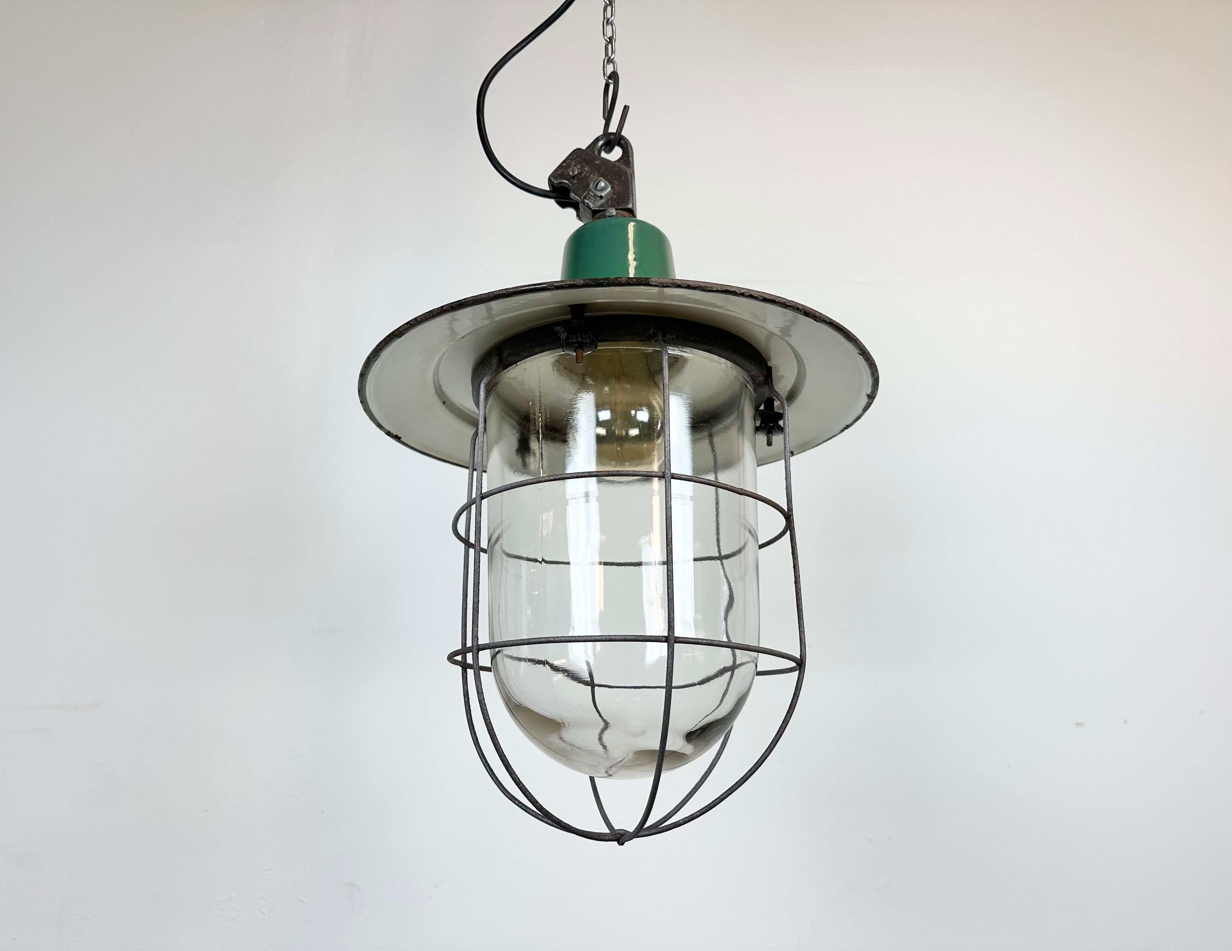 Green Enamel and Cast Iron Industrial Cage Pendant Light, 1960s
