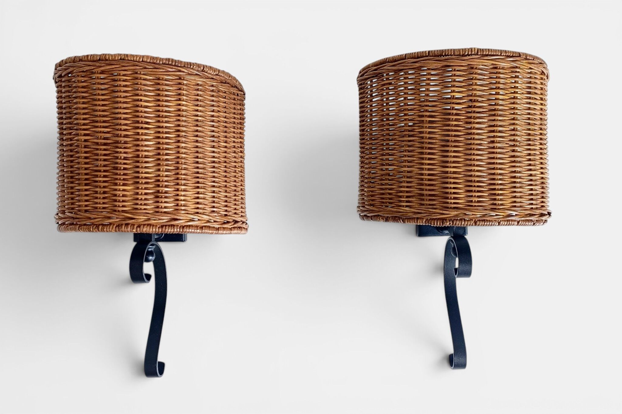 Spanish Mid-Century Wicker And Wrought Iron Wall Sconces, Three Available