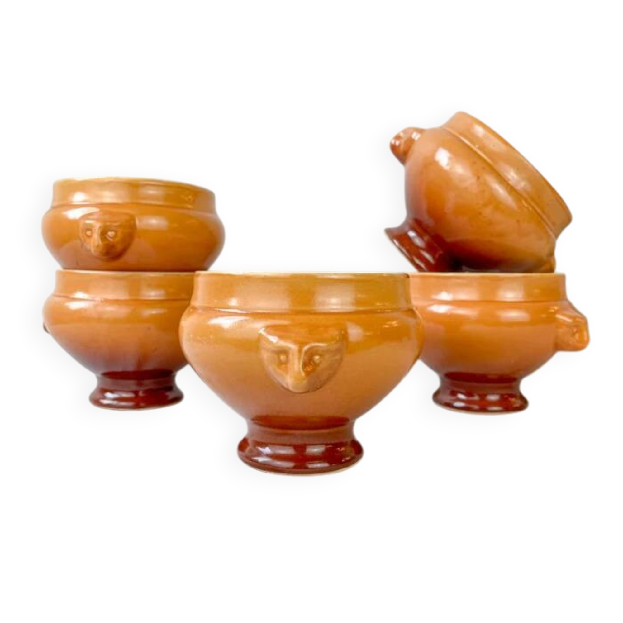 5 vintage Emile Henry lion's head onion soup bowls in ceramic - honey/brown gradient, made in France - traditional elegance