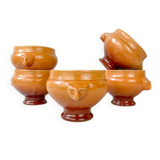 5 vintage Emile Henry lion's head onion soup bowls in ceramic - honey/brown gradient, made in France - traditional elegance