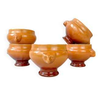 5 vintage Emile Henry lion's head onion soup bowls in ceramic - honey/brown gradient, made in France - traditional elegance