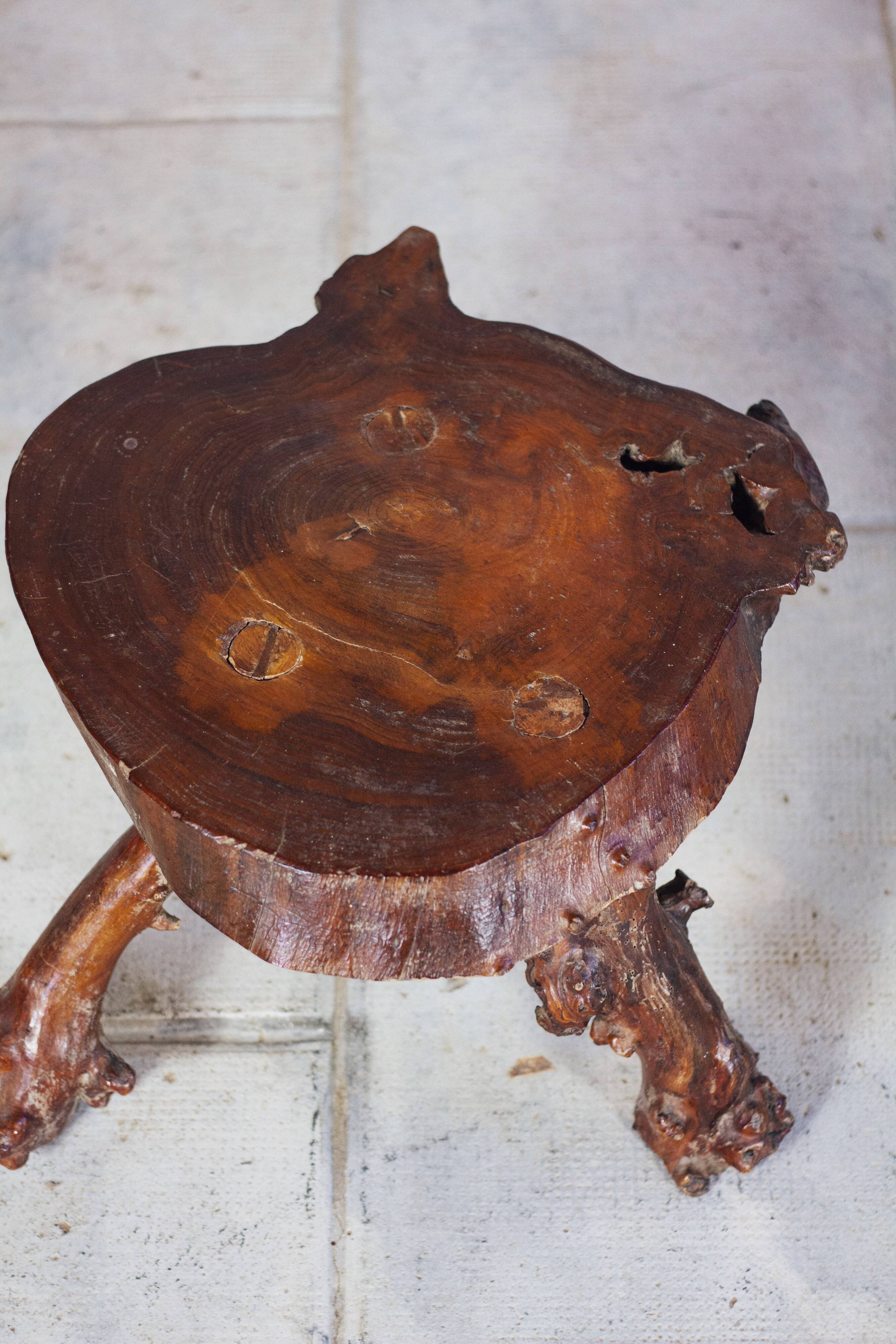 Brutalist solid wood tripod side table