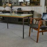 Saint-Gobain glass and black lacquered metal designer table, 1960s