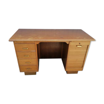 Bureau en bois avec classeur à rideau et tablette de rangement, 1950