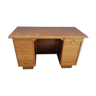Old vintage wooden desk 1950 with curtain file cabinet and storage shelf