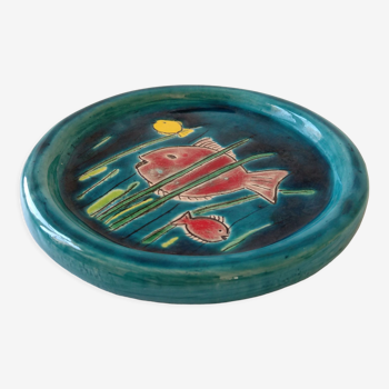 Vide poche bleu avec décor poisson fait main signé G. Buyer en céramique
