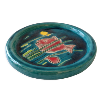 Vide poche bleu avec décor poisson fait main signé G. Buyer en céramique