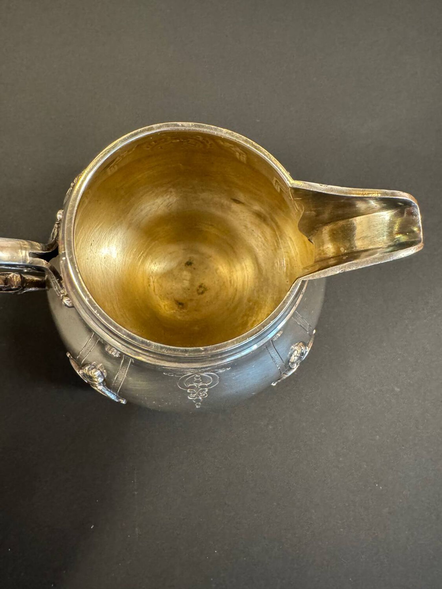 Antique silver-plated metal milk jug – Rococo style, chased decoration, early