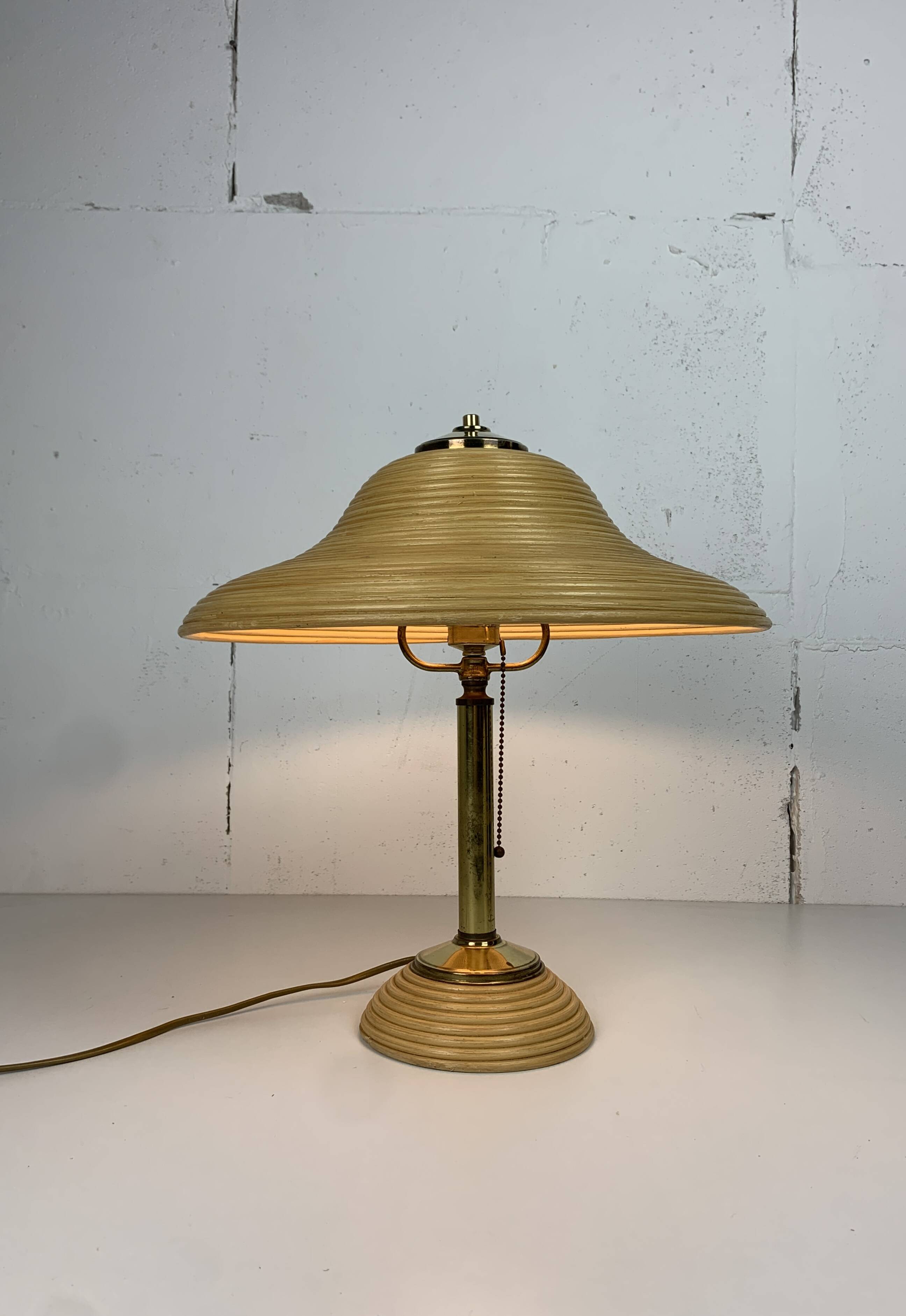 Pencil reed rattan bamboo and brass table lamp, Italy, 1970s