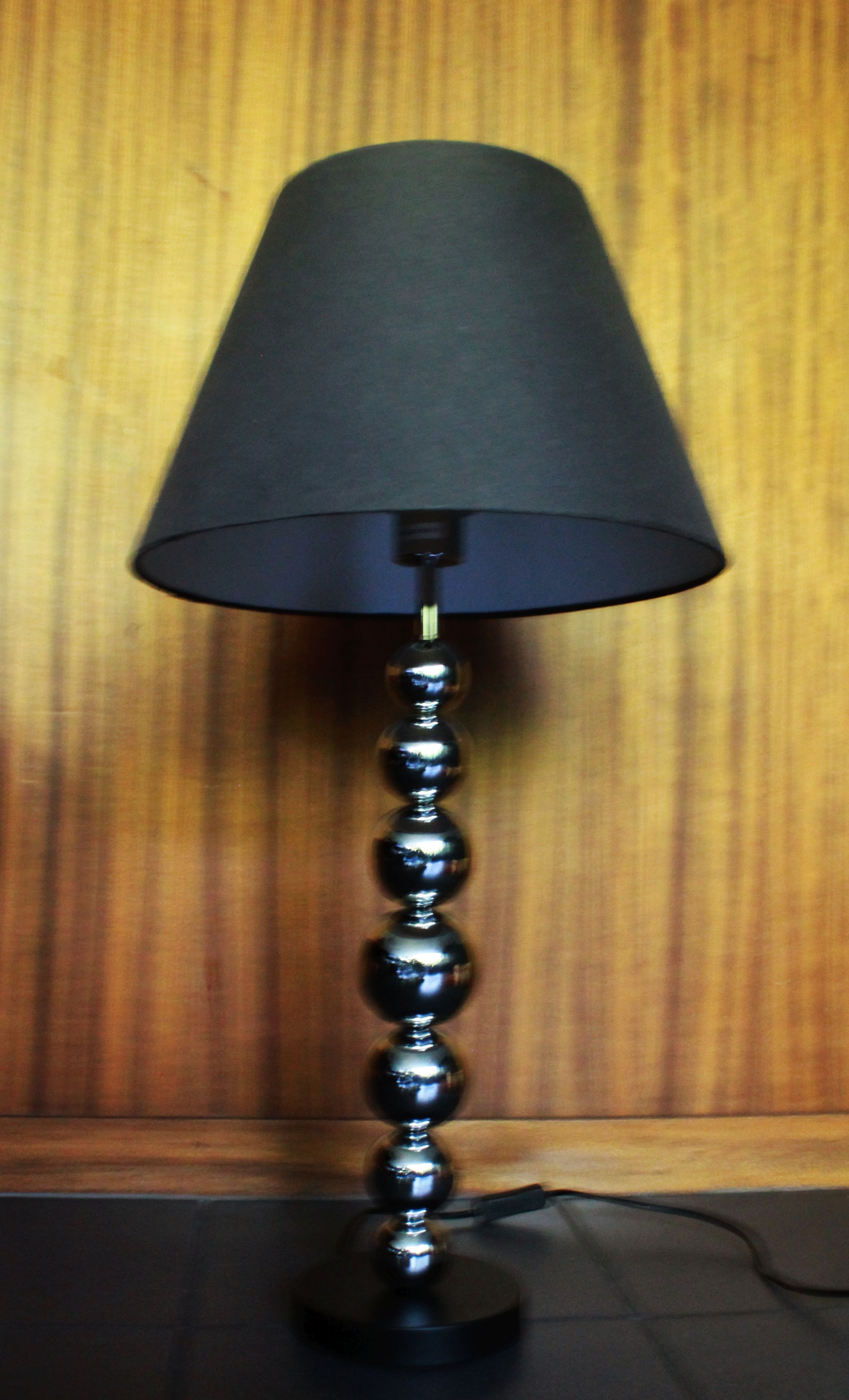 Pair of contemporary lamps with chrome base and 20th-century shade.