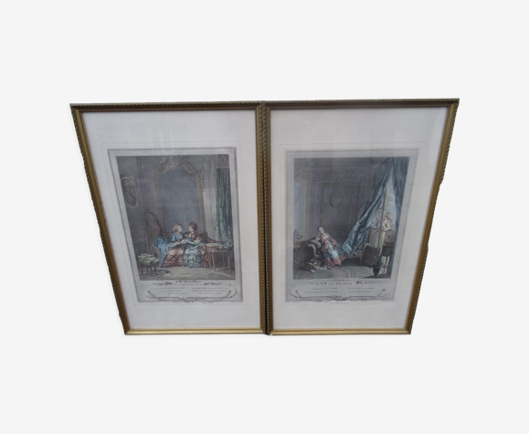 Duo of antique prints framed with canopies