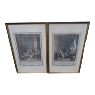 Duo of antique prints framed with canopies