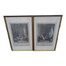 Duo of antique prints framed with canopies