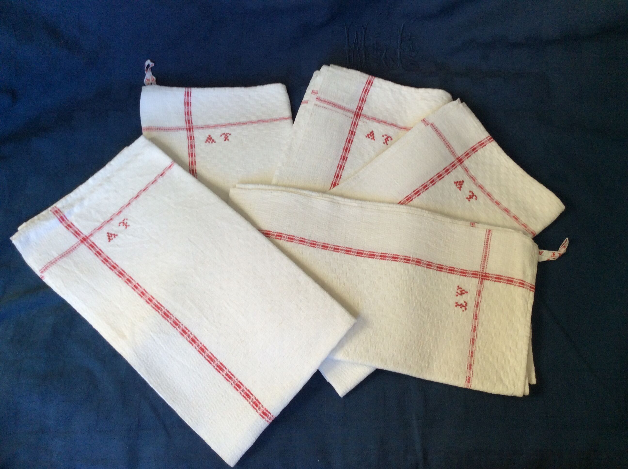 5 old tea towels, red monogram, vintage kitchen