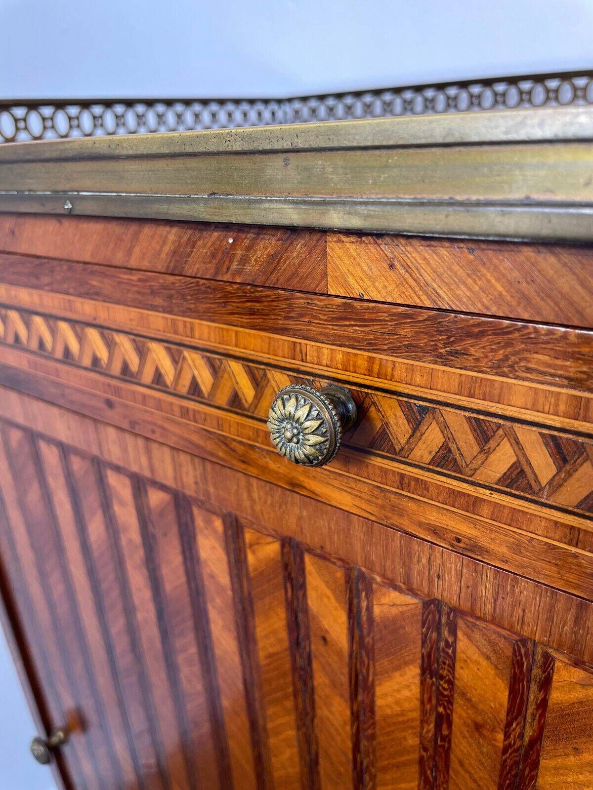 Louis XVI music cabinet, marquetry, brass gallery, marble top