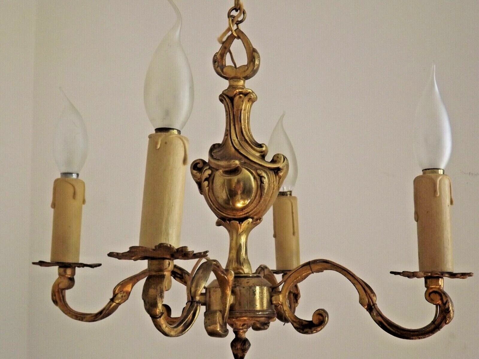Beautiful Vintage French 4  Light Bronze Chandelier Acanthus Leaf Detail 3672