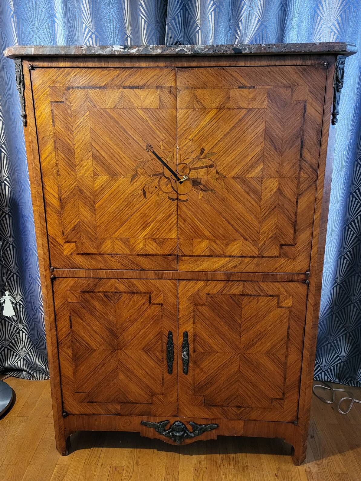 High sideboard in rosewood and marble slab, Louis XVI style, French
