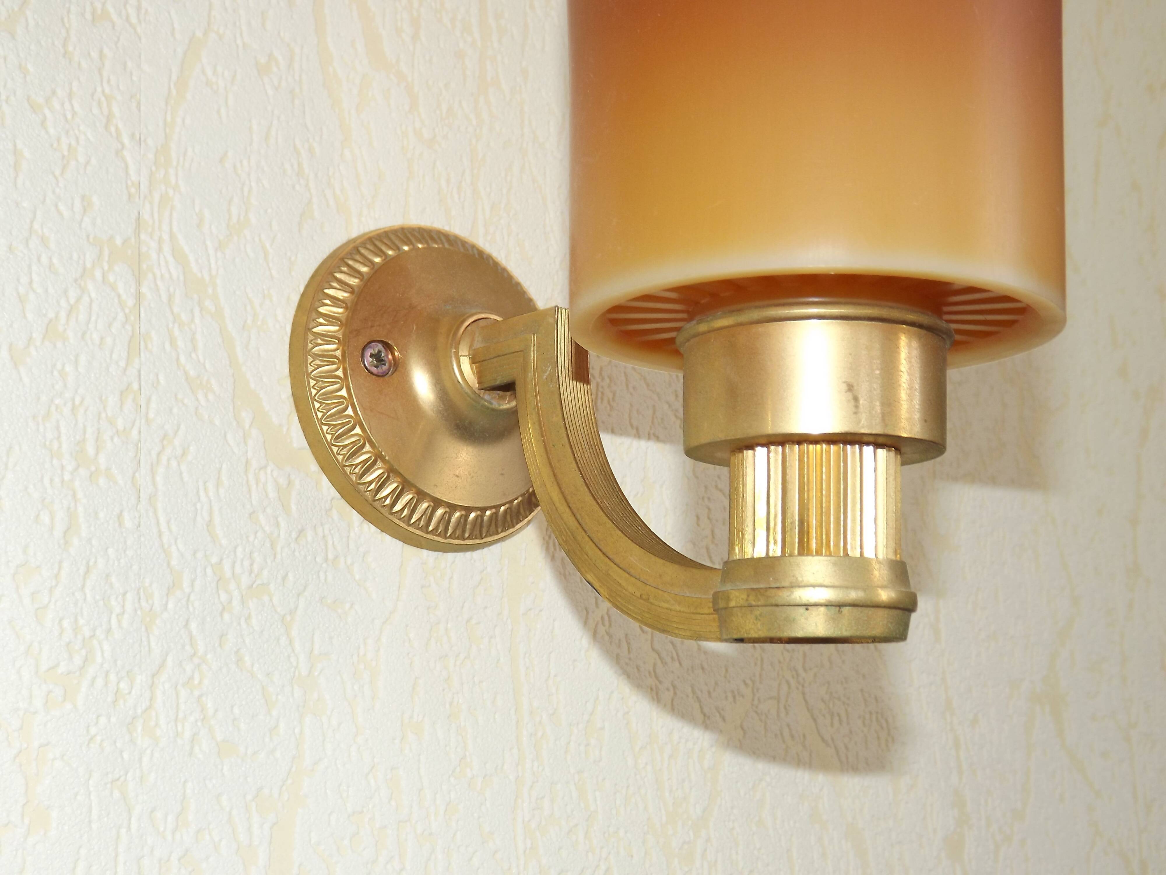 Pair French Vintage 1960s Retro Single Wall Lights Brass & Orange Acrylic