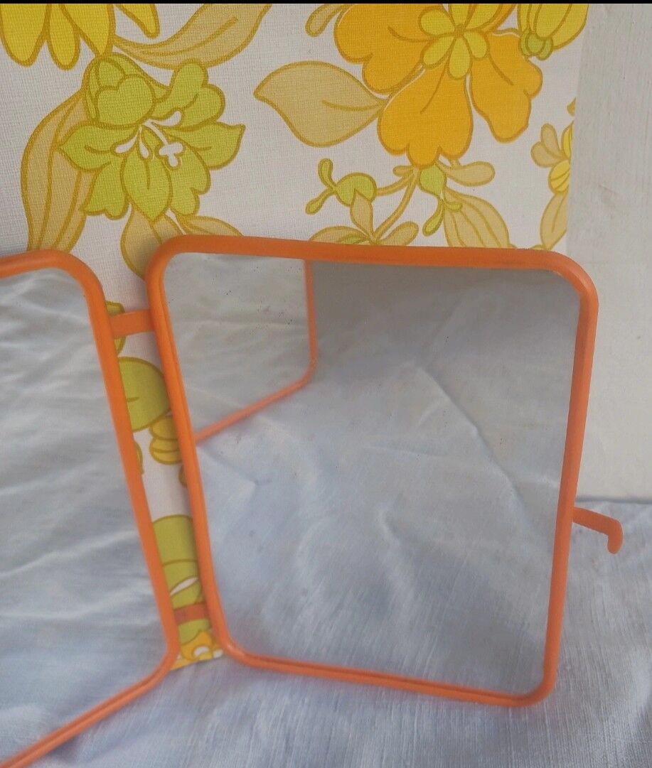 Vintage tryptic barber mirror orange 70s
