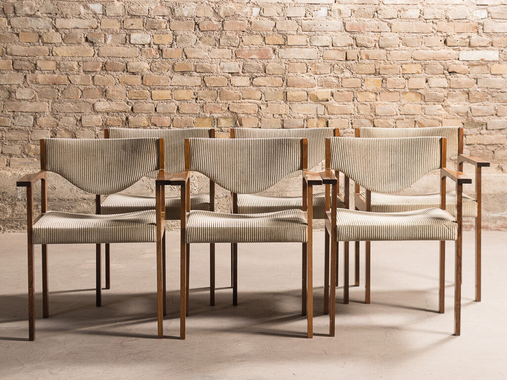 Scandinavian rosewood chairs with armrests, velvet fabrics (x6)
