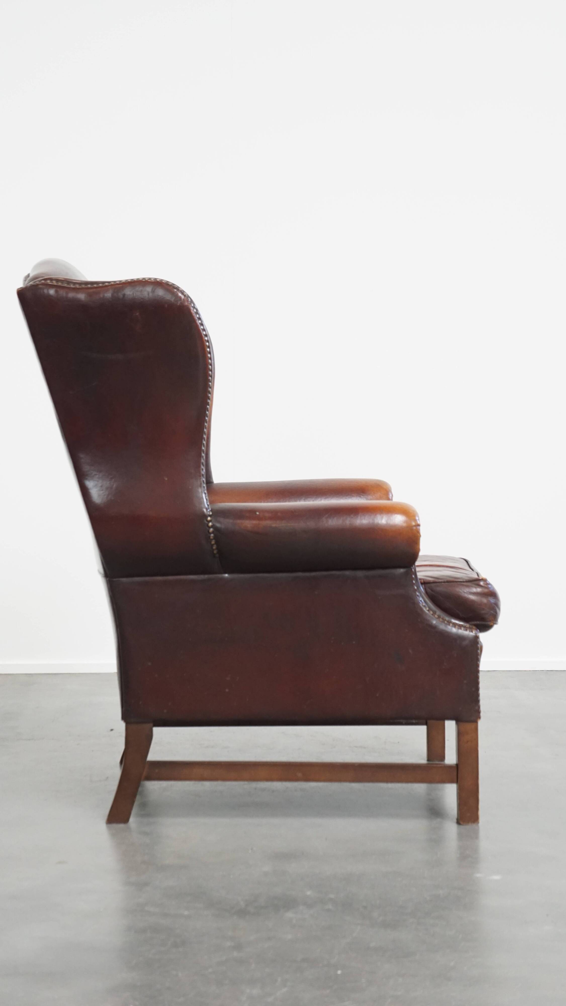 Dark English-Style Sheepskin Wingback Chair