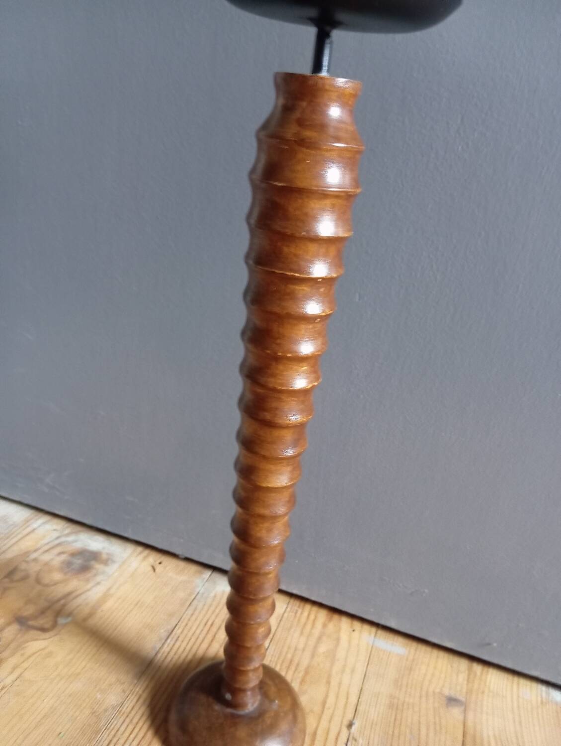 Vintage turned wooden candle holder, black metal candle base