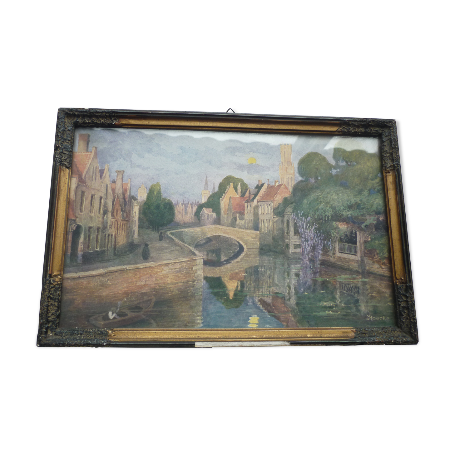 Painted painting, view of Bruges signed