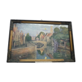 Painted painting, view of Bruges signed