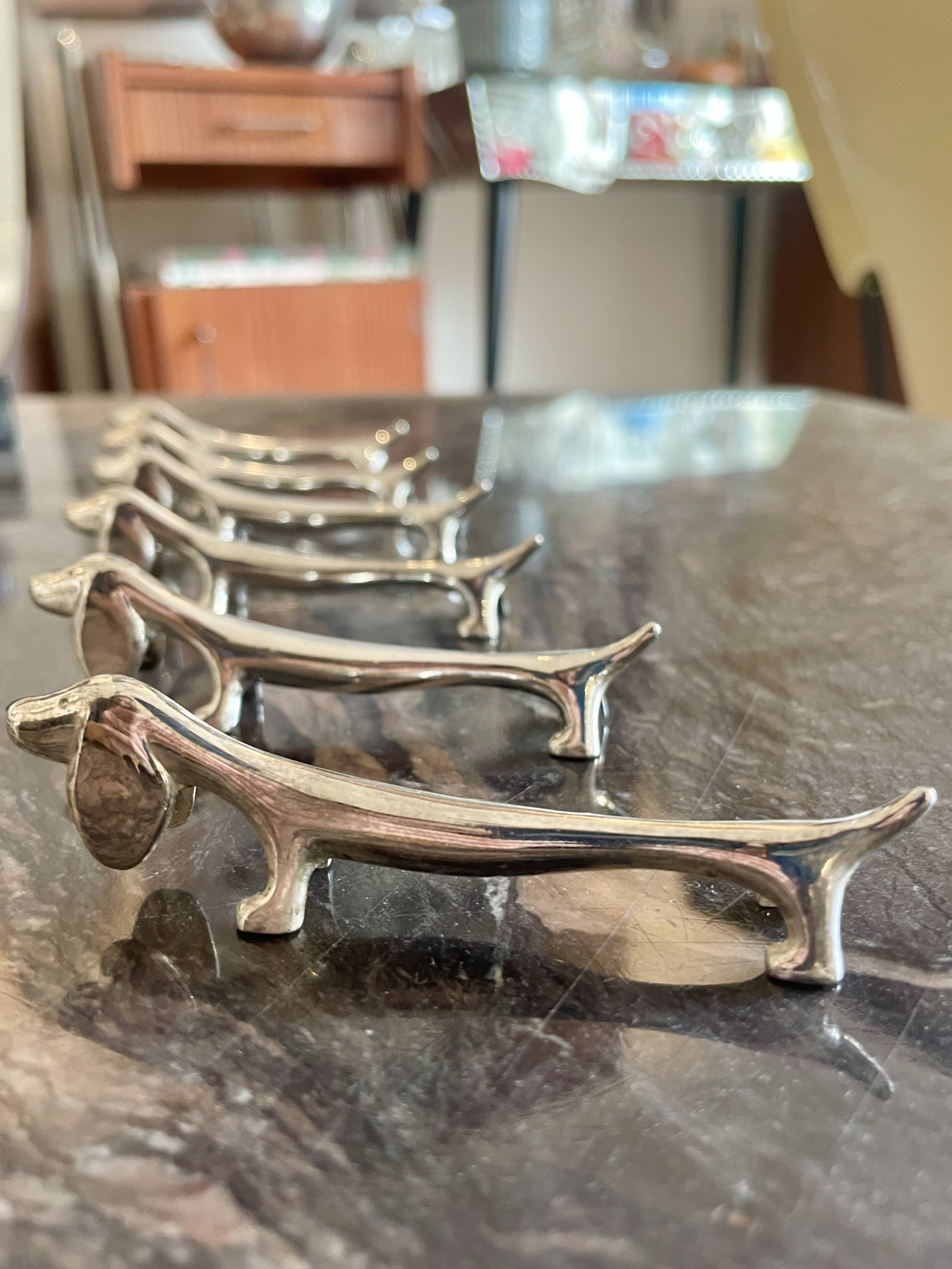 6 silver metal dachshund knife holders