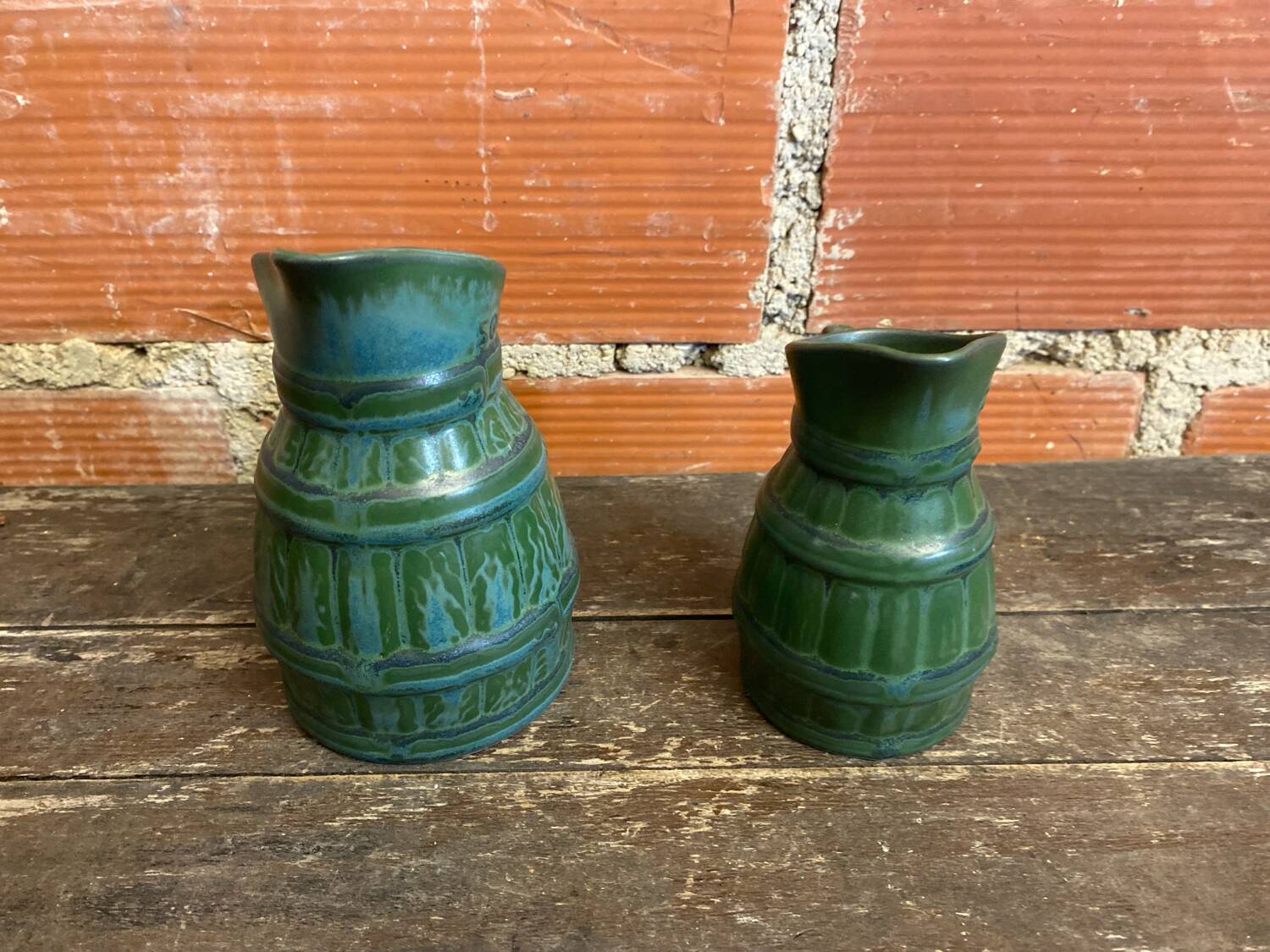 Pair of Vintage 70s Green Glazed Ceramic Barrel-Shaped Jugs