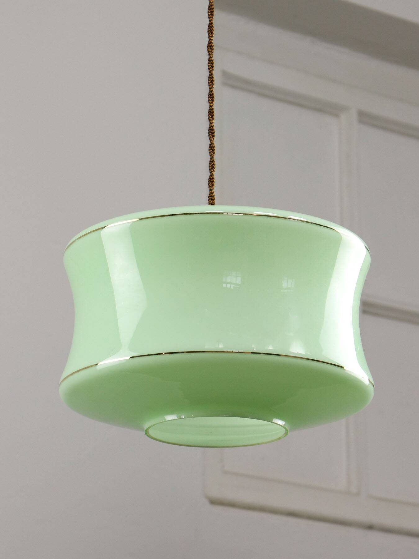 Mid-Century Italian Brass and Green Glass Pendant Lamp