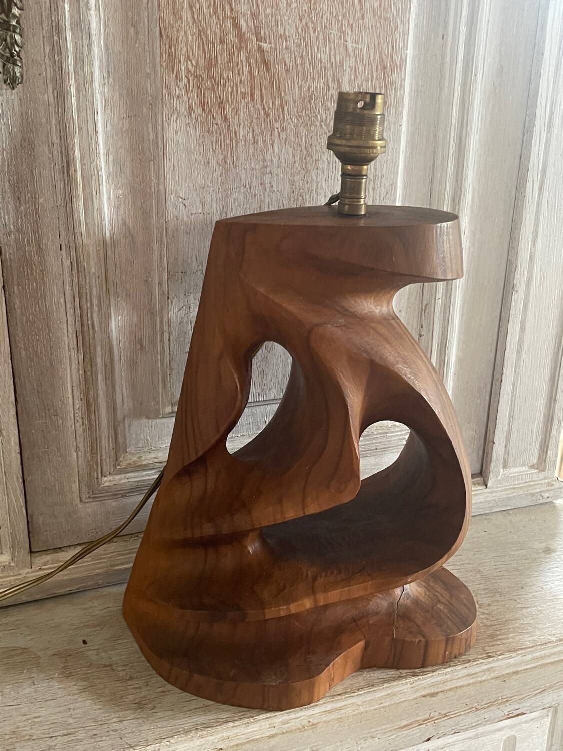 Vintage olive wood carved lamp 59cm