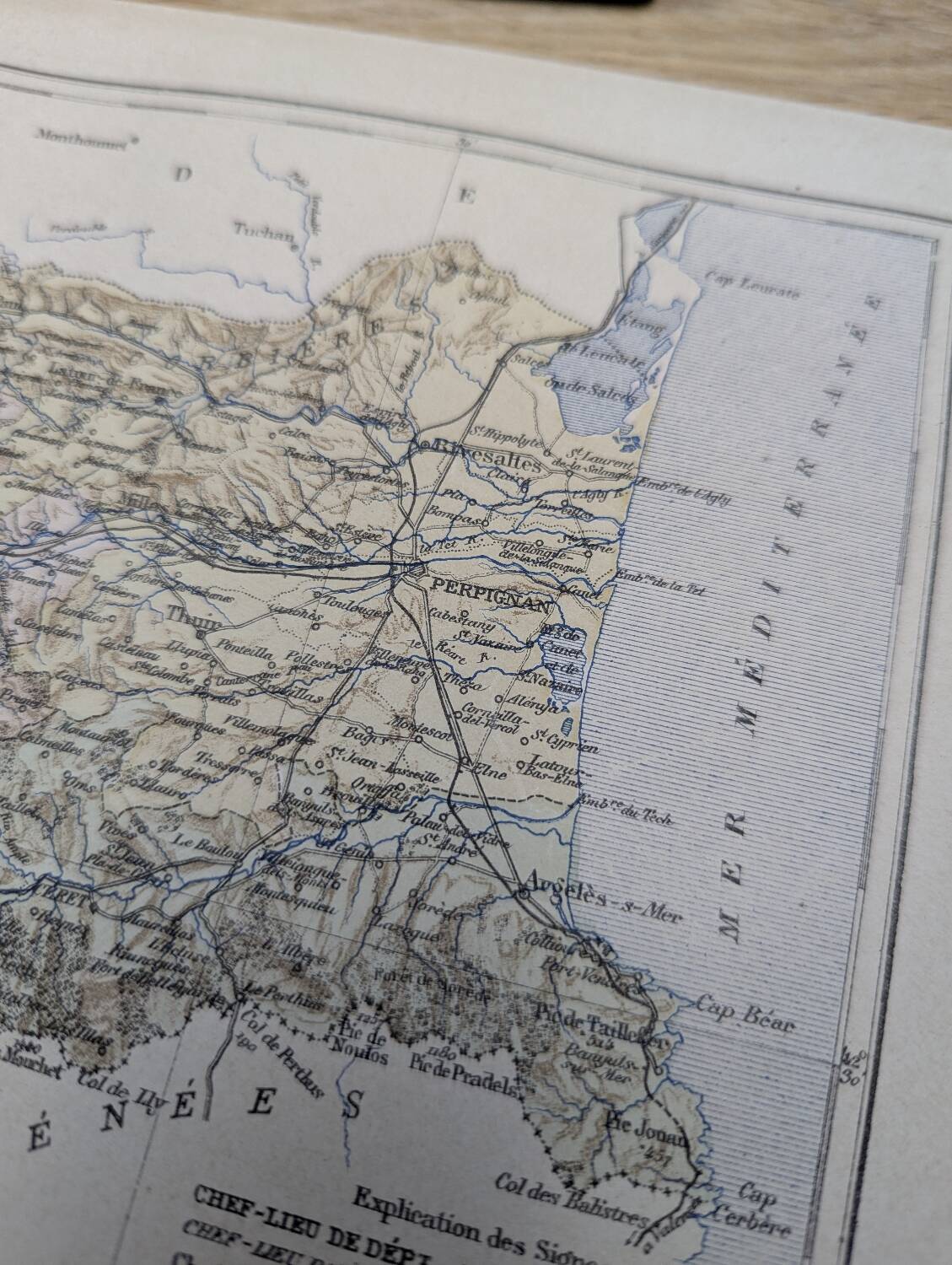 Map of Pyrénées-Orientales, 1889. Authentic Vintage.