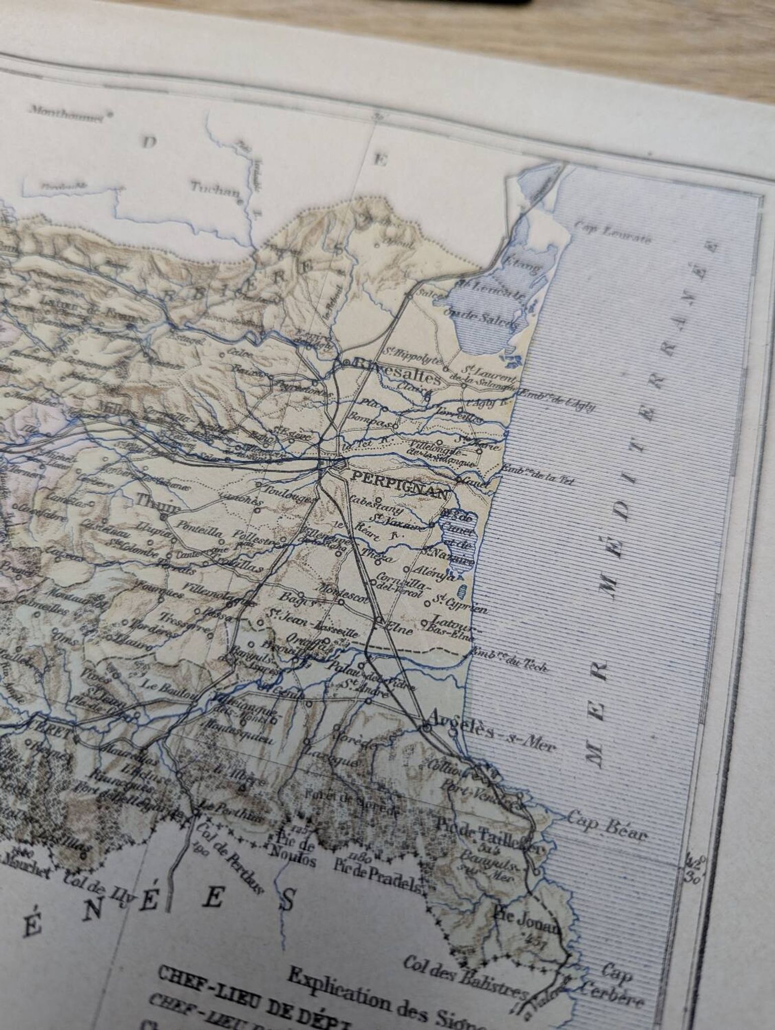 Map of Pyrénées-Orientales, 1889. Authentic Vintage.