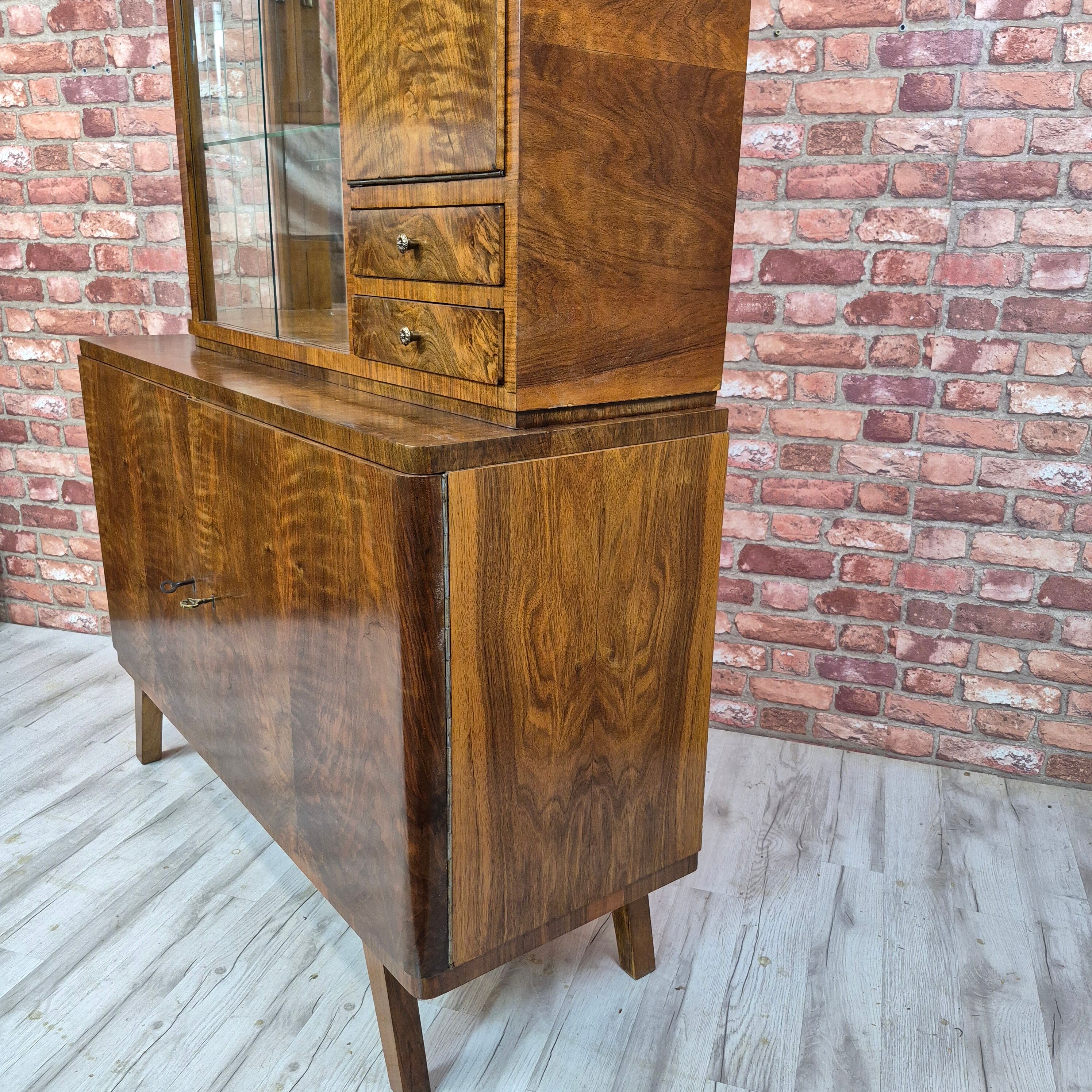 Restored 1960s Mid-Century Walnut Display Cabinet with Slatted Glass