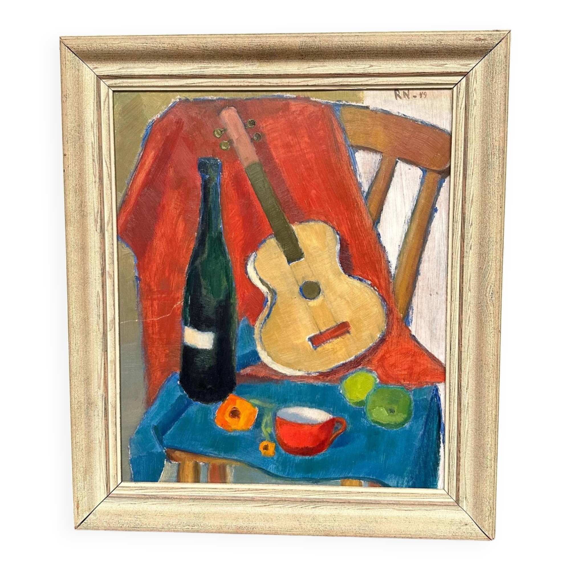 Swedish Oil on Canvas – “Still Life with Guitar and Wine Bottle”