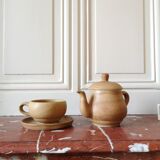 Vintage stoneware teapot and cup, "selfish" tea service, signed