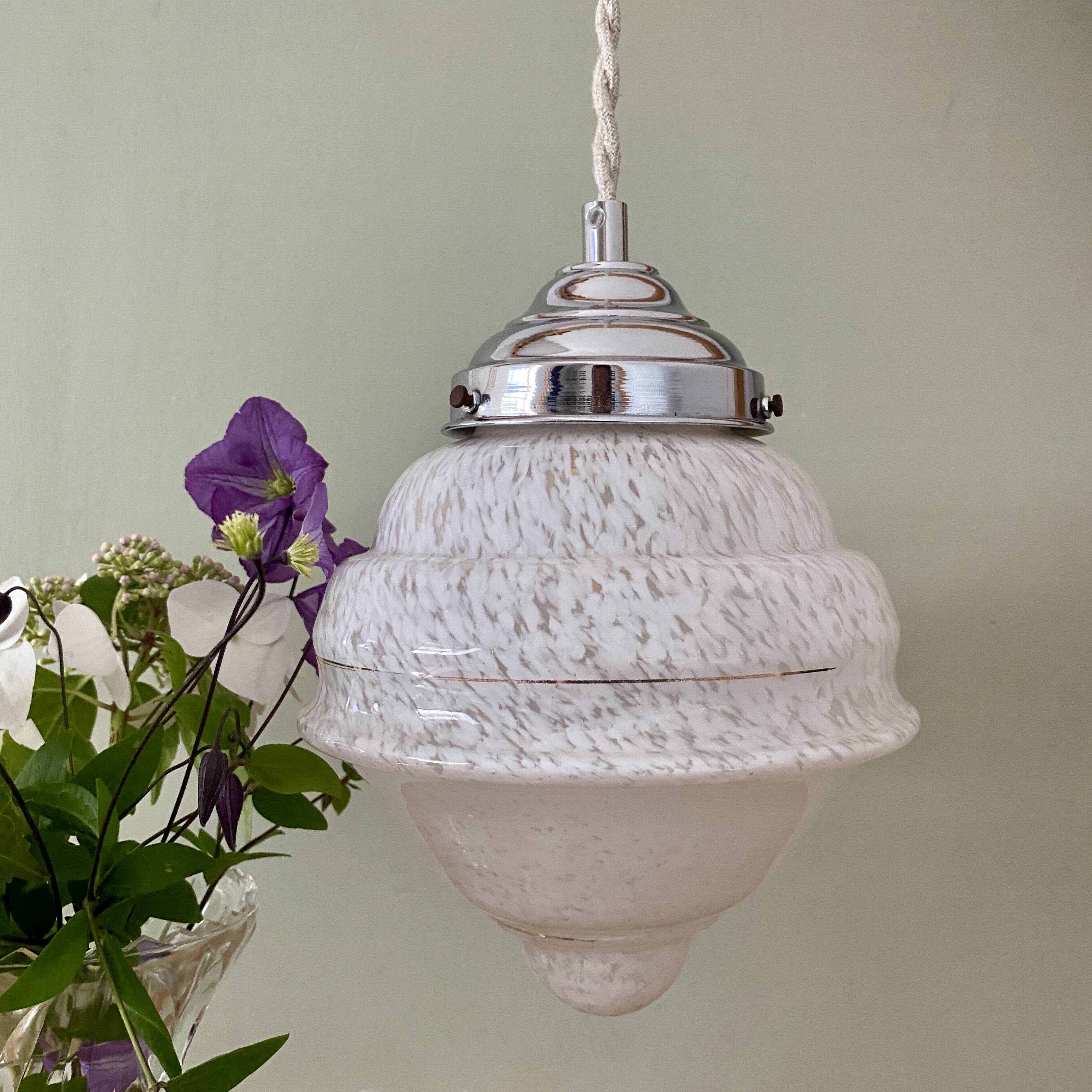 Vintage art deco globe pendant light in white Clichy glass