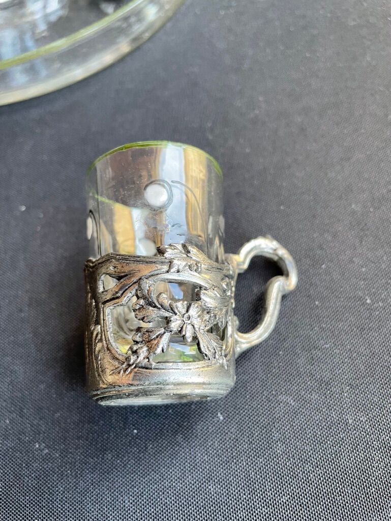 Liquor service Art Nouveau 1/2 Enamelled colored crystal with silver metal frame