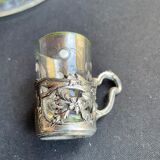 Liquor service Art Nouveau 1/2 Enamelled colored crystal with silver metal frame